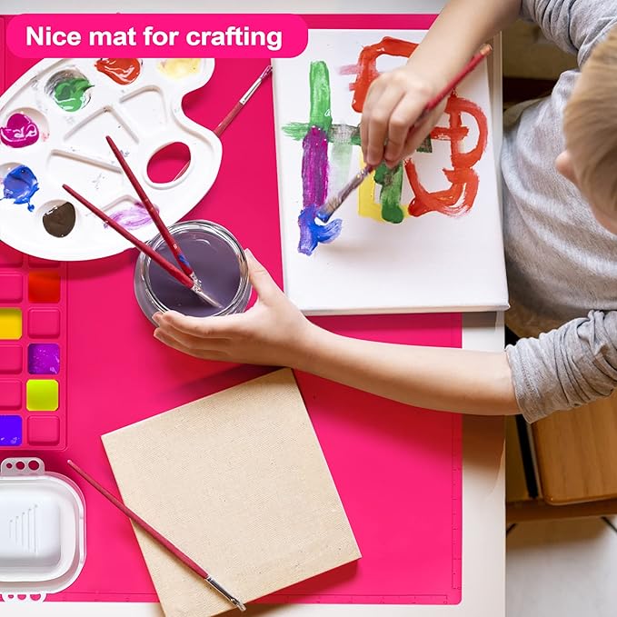 AWOKE Silicone Painting Mat - 20"X16" Silicone Art Mat with 1 Water Cup for Kids - Craft Mat has12 Color Dividers - 2 Paint Dividers (Rose)