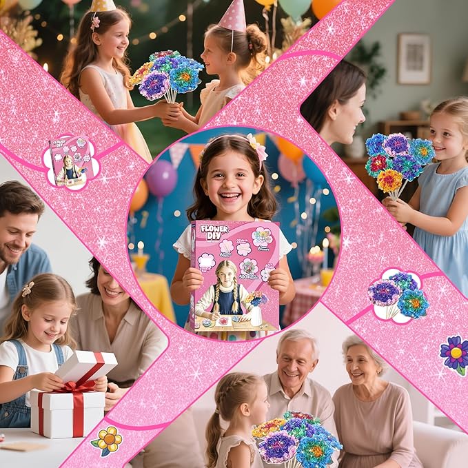 Flower Bouquet Art Craft Kit, Poke DIY Creative Activity Kit with with 6 Flowers & 6 Light Strings, Mess-Free Fun for Girls & Boys, Fun & Educational Kids Craft Gift for Girls Boys Ages 4, 5, 6, 7, 8+