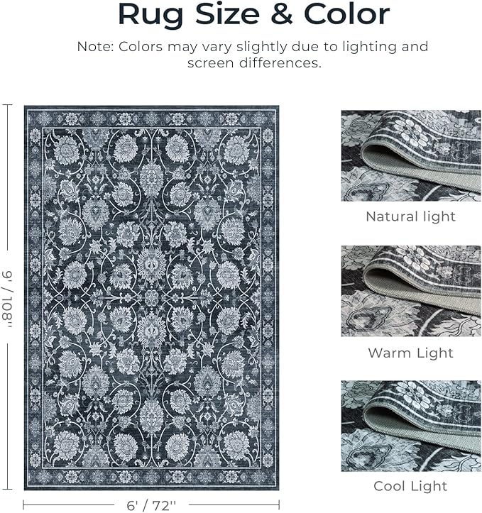 6x9 Area Rug for Living Room & Bedroom, Washable Non-Slip Vintage Distressed Rugs, Floral Soft Carpet, Low Pile Wool Carpets for Indoor Dining Home Office Playroom Under Table, Black