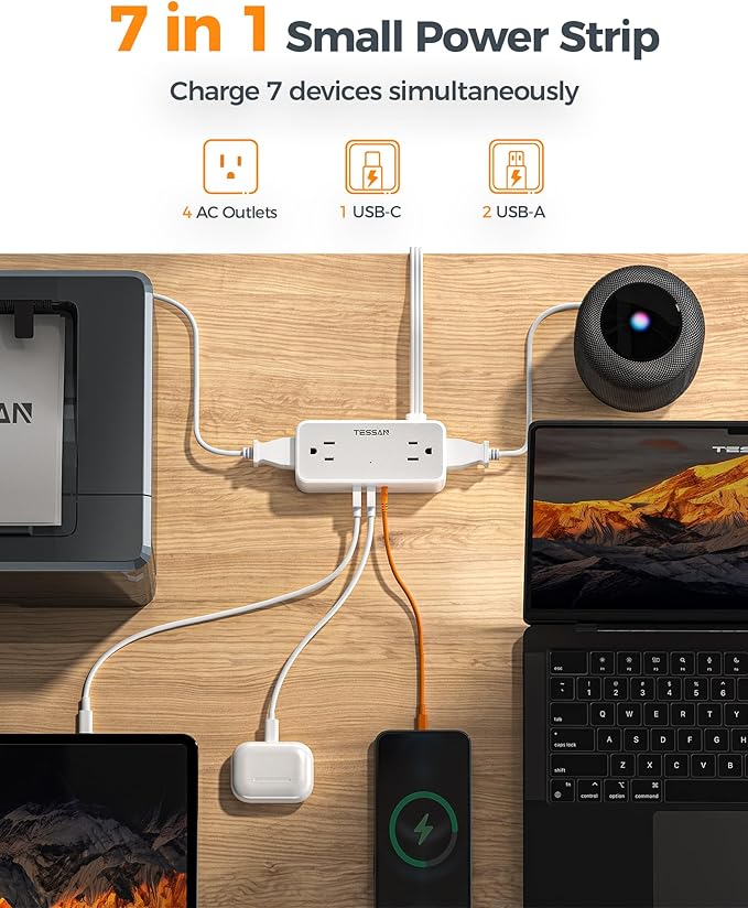 Flat Plug Extension Cord 25 ft, TESSAN Surge Protector Power Strip with 4 AC Outlets 1 USB C and 2 USB A Ports, 900 Joules Protection, Multiple Wall Outlet Extender for Home Office Dorm Essentials