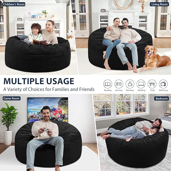 4FT Bean Bag Chair, Large Bean Bag Chairs with Memory Foam Filled, Fluffy Beanbag Sofa with Dutch Velvet Cover, Round BeanBag Chairs for Living Room, Playroom - Black