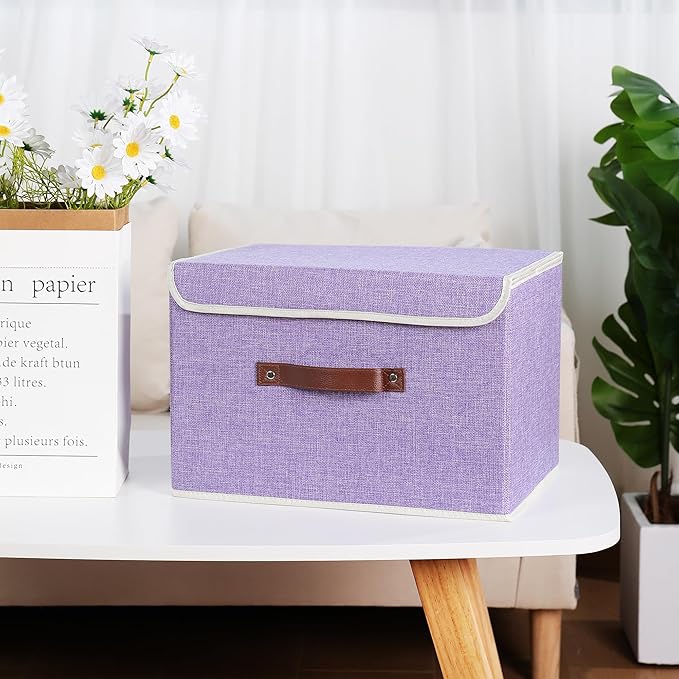 ANMINY 4PCS Storage Bins with Lid PU Leather Handles Storage Boxes PP Plastic Board Decorative Foldable Lidded Cotton Linen Fabric Home Cubes Baskets Closet Organizer Containers - Purple, Large Size