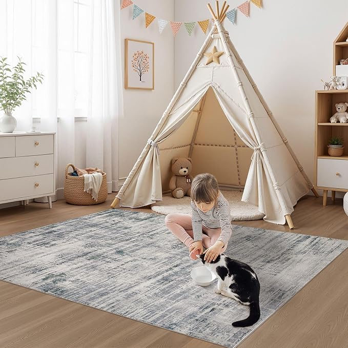 Area Rug for Living Room: 4x6 Washable Neutral Abstract Modern Soft Rugs Non Slip Indoor Floor Stain Resistant Carpet for Bedroom Dining Room Office Nursery - Gray