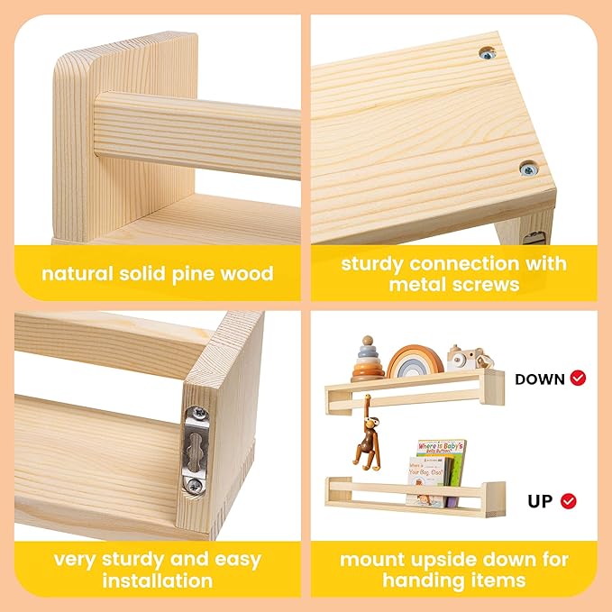 Fun Memories Nursery Book Shelves, 24Inch Floating Shelf for Wall, Wall Bookshelf for Kids Solid Wood Wall Mounted Shelves for Books,Toys and Decor Storage, Set of 2