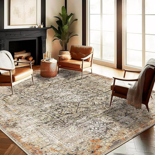 Area Rug 9'x12' Washable Vintage Traditional Mat Distressed Indoor Foldable Thin Retro Accent Floral Print Non Slip Carpet for Living Room Dining Room Office Large Rugs