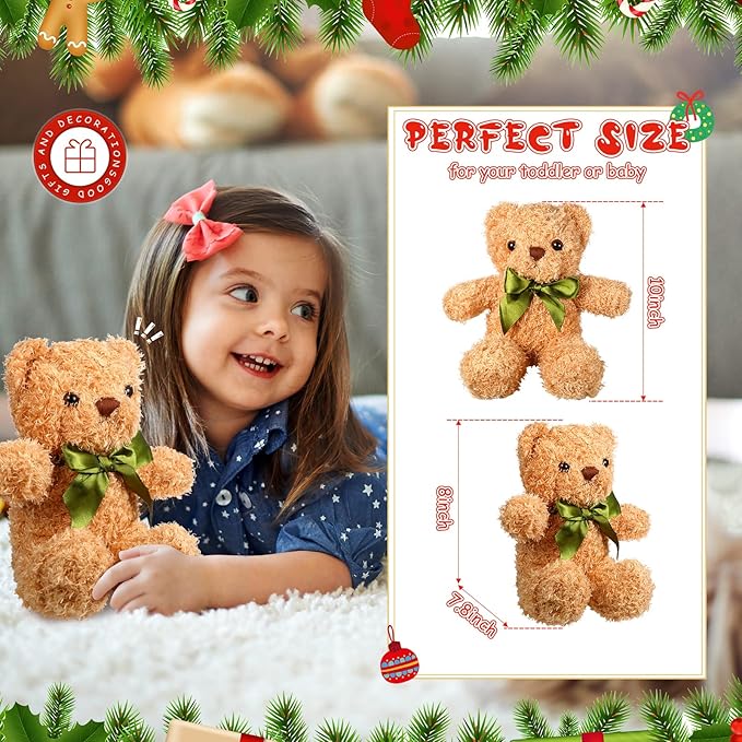 HyDren 12 Pack Bear Stuffed Animals 10 Inch Operation Christmas Bulk Items Small Bear Party Favors Plush Toys for Baby Shower Centerpiece Christmas Birthday Gifts(White, Light Brown)
