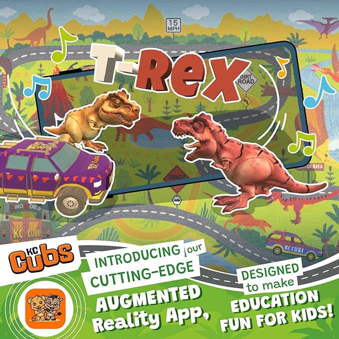 KC Cubs 3x5 Dinosaur Toy Car Dino Road Rug – Educational Play Mat Carpet for Kids, Toddlers, Nursery, Classroom, Playroom, Baby Daycare, Boys & Girls