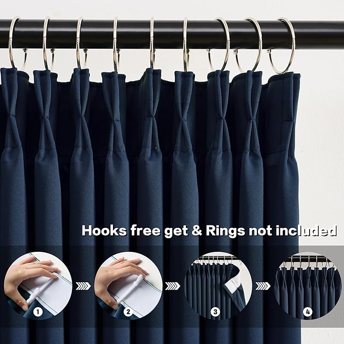 KEQIAOSUOCAI 92 Inch Long Curtains Navy Blue Pinch Pleated Draperies for Track System, Fancy Luxury Bedroom Drapes Thermal Insulating Window Blackout Nautical Curtain for Living Room 2 PCs
