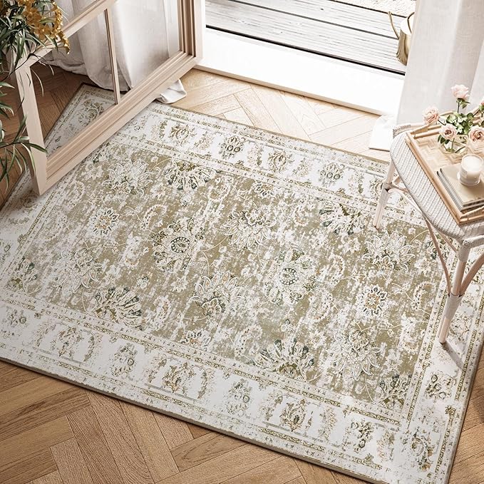 jinchan Floral 2x3 Rugs for Entryway - Vintage Washable Small Non-Slip Distressed Indoor Doormat Ultra-Thin Low-Pile Accent Rug for Entrance Kitchen Bedroom Bathroom (2x3ft,Taupe)