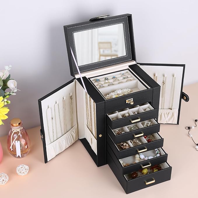 Kendal Jewelry Box, 6-Layer Jewelry Storage Organizer for Necklace Bracelet Rings Watch, 10.2"x8.2"x6" Classic Black PU Leather 5 Drawers Large Storage Capacity with Mirror