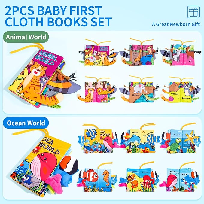 Baby Books 0-6 Months, 2PCS Crinkle Books for Babies, Touch and Feel Sensory Cloth Book 6-12 Months, Tummy Time Toys, Baby Toys for Newborn 6 Page Pink