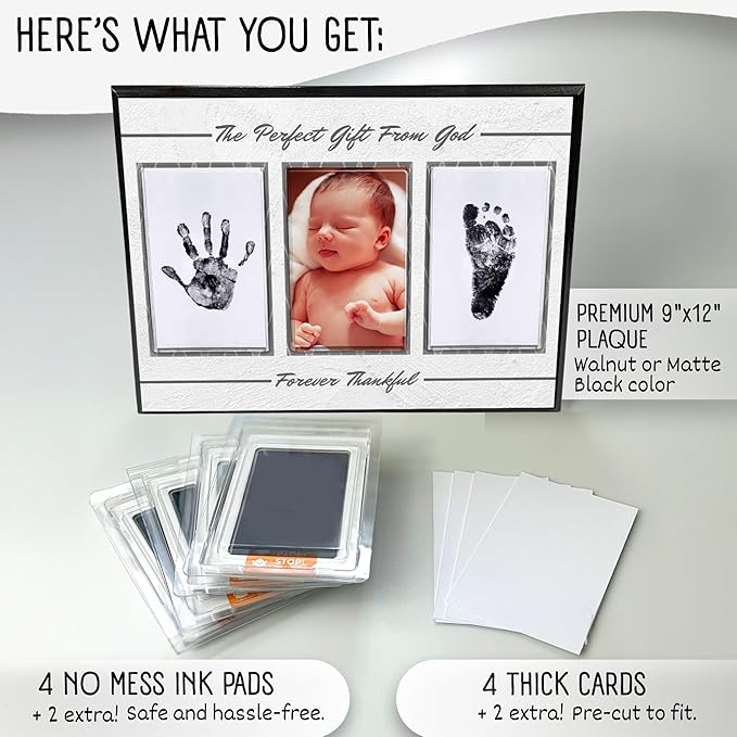 Baby Hand and Footprint Kit with Photo & Birth Details, Inkless Hand and Footprint Kit, Newborn Keepsake Plaque, Baby Shower Gifts (STYLE 2 (Baby Shower) (Gift From God))