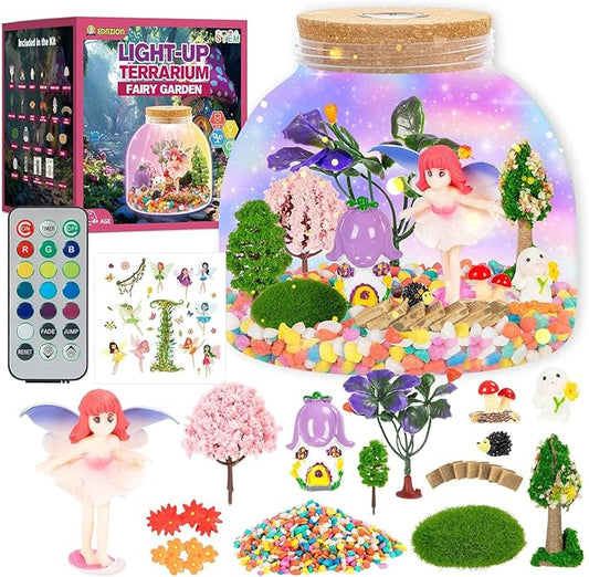 Fairy Garden Light Up Terrarium – DIY Craft Kit with LED for Girls Ages 4-8 | STEM & Art Gift for Kids, Ideal for Birthday or Holiday