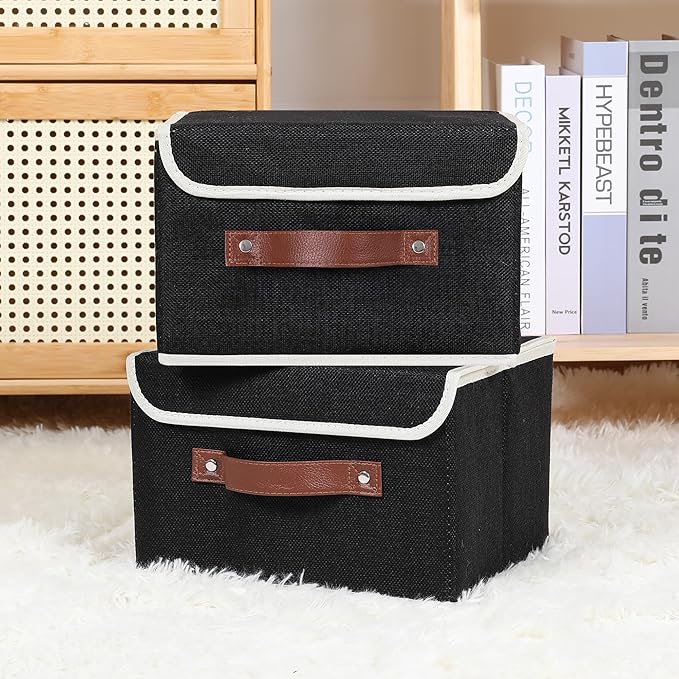 ANMINY 2PCS Storage Bins with Lid PU Leather Handles Storage Boxes PP Plastic Board Decorative Foldable Lidded Cotton Linen Fabric Home Cubes Baskets Closet Organizer Containers - Black, Small Size