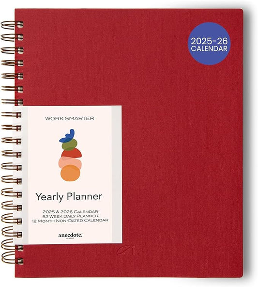 Anecdote 2026 Planner (8.5" x 10") Daily Planner Weekly Monthly Planner - 52 Weeks w/Library Buckram Cover, Brass Spiral - A4 Size Bleed-Resistant Paper – Red