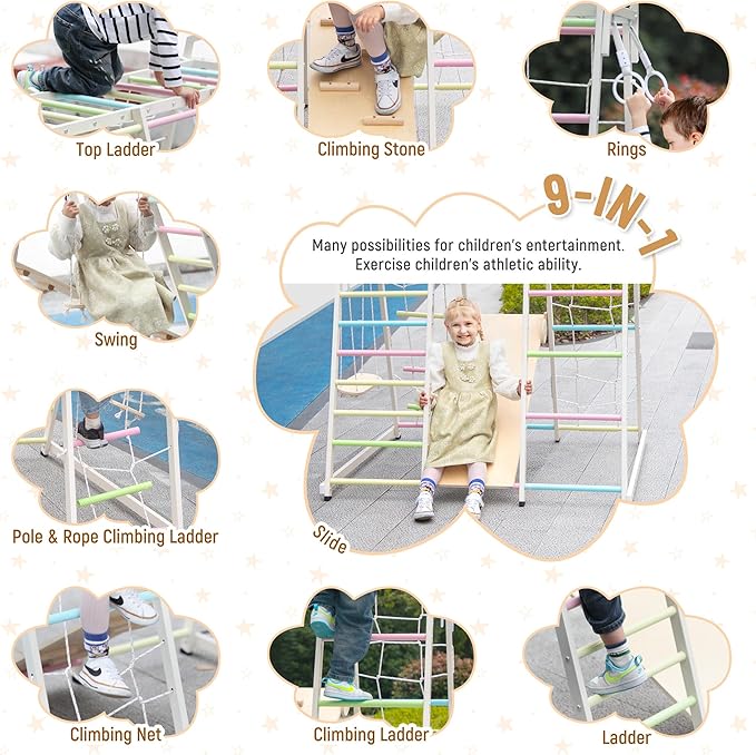 JAXPETY 9-in-1 Indoor Playground, Indoor Jungle Gym for Kids, Toddler Montessori Climbing Gym, Inside Play Gym with Slide, Swing, Monkey Bar, Ladder, Rings