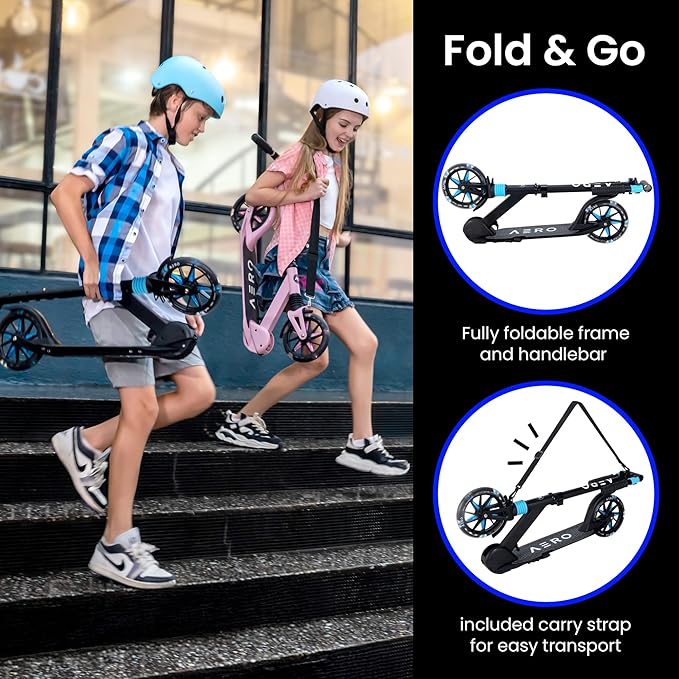 Aero Big Wheels Kick Scooter for Kids 6+, Teens & Adults | Light Up Wheels, Hand Brake, Rubber Deck Mat & Shock Absorption | Foldable & Height Adjustable