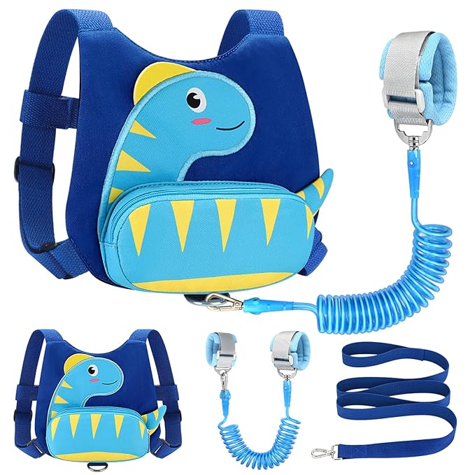 Accmor Toddler Harness with Leash, Cute Dinosaur Kids Harness + Anti Lost Wrist Link, Mini Child Harness Leash Wristband Strap Belt Protector for Baby Boys Girls to Outdoor Travel (Blue)
