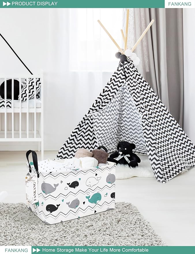 FANKANG Storage Bins, Nursery Hamper Canvas Laundry Basket Foldable with Waterproof PE Coating Large Storage Baskets for Kids Boys and Girls, Office, Bedroom, Clothes,Toys(Rec-whales ）