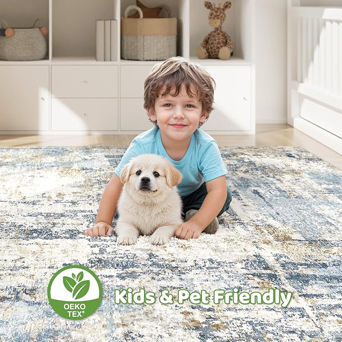 5x7 Area Rugs Washable Rug: Living Room Large Abstract Modern Soft Stain Resistant Indoor Floor Non Slip Accent Carpet for Bedroom Nursery Playroom Dining Room Office Dorm Home- Light Blue