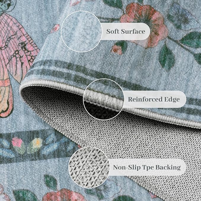 5x7 Washable Area Rug with Insect Print - Bug Rug Non-Shedding Stain Resistant Soft Carpet for Bedroom, Low Pile Ultra-Thin Machine Washable Carpet for Dining Room, Kids Nursery, Office (5'x7' Blue)