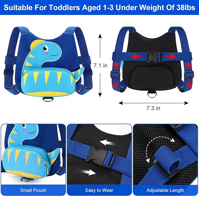 Accmor Toddler Harness with Leash, Cute Dinosaur Kids Harness + Anti Lost Wrist Link, Mini Child Harness Leash Wristband Strap Belt Protector for Baby Boys Girls to Outdoor Travel (Blue)