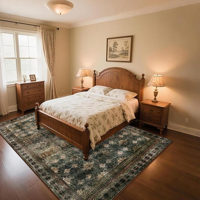 6x9 Washable Area Rug Non Slip, Thin Vintage Floral Living Room Rug Low Pile, Indoor Large Distressed Print Carpet for Bedroom, Dining Room, Farmhouse, Home Office, Dorm(Dark Green/Brown/Multi)