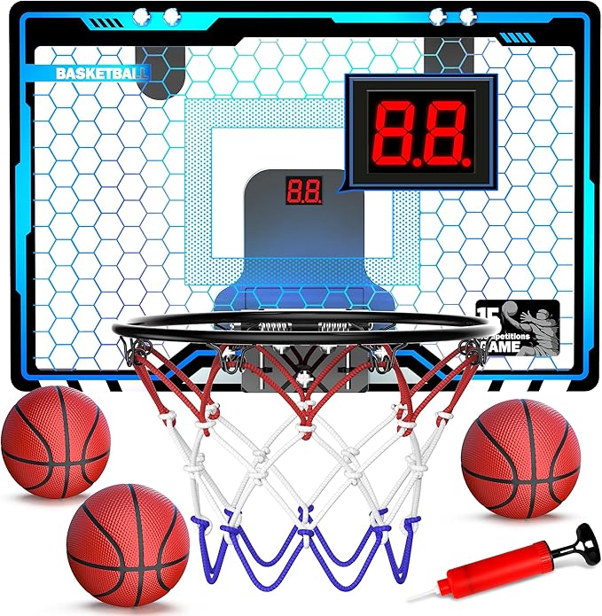 HopeRock Indoor Mini Basketball Hoop for Kids, Basketball Hoops Over The Door with LED Lighting, Mini Hoop with Scoreboard & 3 Balls, Basketball Toys Gifts for 5 6 7 8 9 10 11 12 Year Old Boys Girls