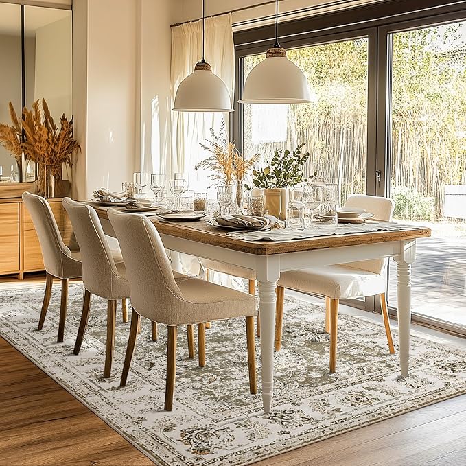 jinchan Vintage Floral 5x7 Area Rugs for Bedroom - Machine Washable Distressed Design Stain Resistant Boho Carpet Ultra-Thin Low Pile Non-Slip Rug for Living Room Dining Room Kitchen (5‘x7',Taupe)