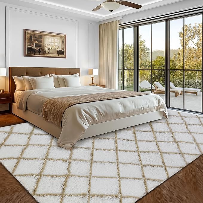 Fluffy Rug for Bedroom, 5X7Feet Stripe Checkered Rug Anti-Skid High Pile for Living Room Bedroom Kids Room Nursery, Dorm Home Decor