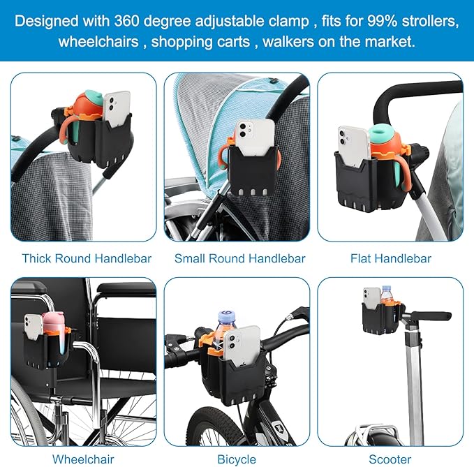 Accmor Stroller Cup Holder with Phone Holder, Universal Cup Holder, Bike Cup Holder, 360° Rotatable Large Caliber Drinks Holder for Stroller, Bike, Wheelchair, Walker