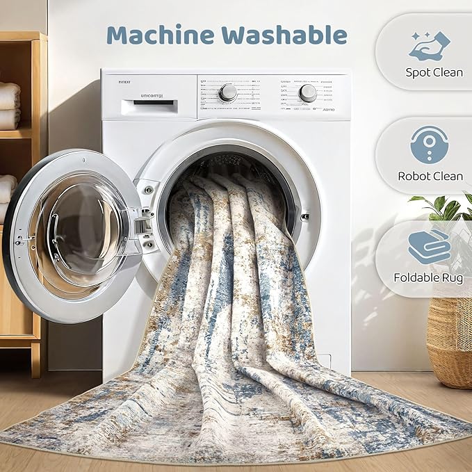 9x12 Area Rug Washable Rugs: Living Room Large Abstract Modern Soft Stain Resistant Indoor Floor Non Slip Accent Carpet for Bedroom Nursery Playroom Office Dining Room Dorm Home House- Tan