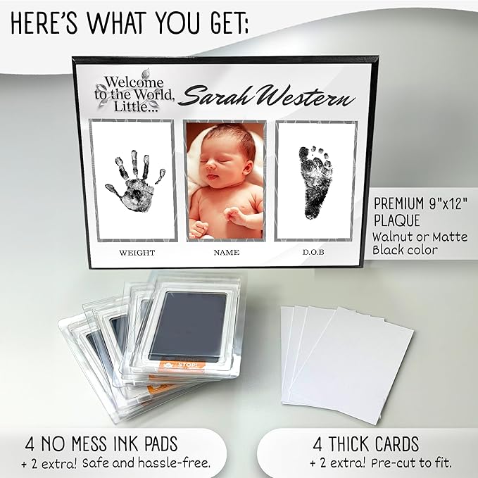 Baby Hand and Footprint Kit with Photo & Birth Details, Inkless Hand and Footprint Kit, Newborn Keepsake Plaque, Baby Shower Gifts (STYLE 1 (Fully Personalized) (Welcome To The World) (Neutral))
