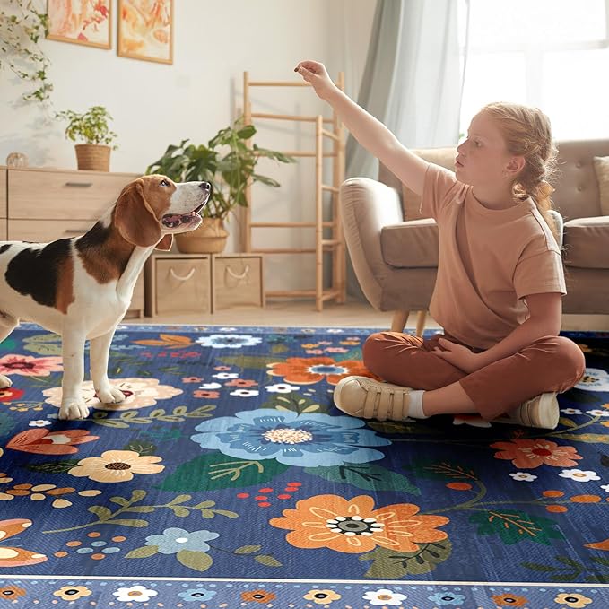 Floral 9x12 Area Rug Machine Washable Soft Print Boho Carpet Non Slip Doormat Low Pile Flower Area Rugs for Living Room Bedroom Nursery Kitchen Dining Room Indoor-Blue/Grey