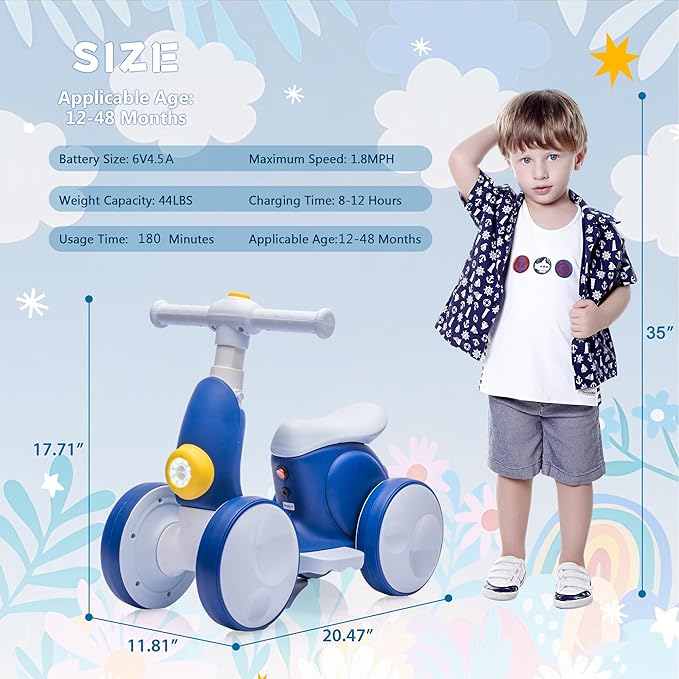 6V Electric Baby Balance Bike for 1 Year Old Boys Girls Ride on Toys 12-48 Month Toddler Balance Bike, 4 Wheels Kids First Bike with Remote Control First Birthday Gifts- Blue