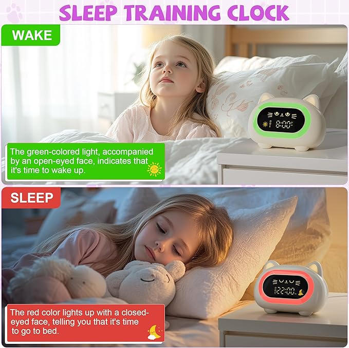 Honesorn Alarm Clock for Kids, Ok to Wake Clock for Kids, Cute Cat Kids Alarm Clock for Girls Boys Toddler, Kids Clock with 10 Night Lights, 7 Soothing Sounds, Auto-Off Timer, Child Lock, Cream White