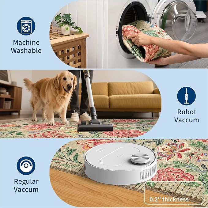 GarveeHome Floral 2x6 Washable Kitchen Runner Rugs Non Slip Camel Taupe Brown Vintage Boho Cottage Long Rug for Hallways Bedroom Entryway Bathroom Mat with Rubber Back