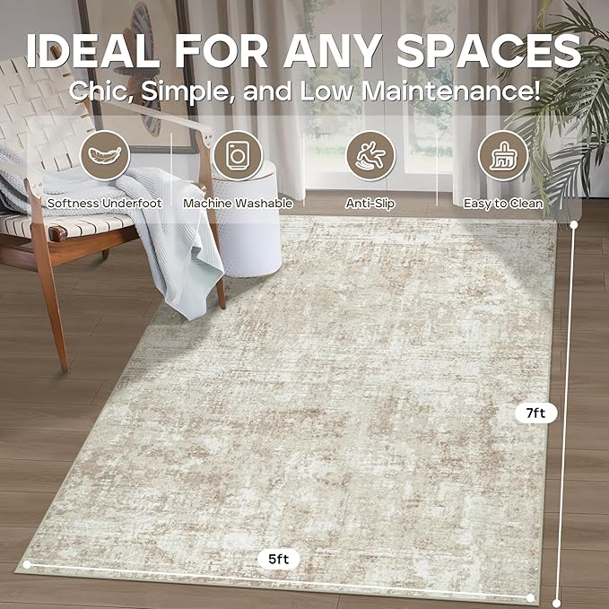 5x7 Area Rugs for Living Room Rug Washable: Modern Rug for Dining Room Bedroom Carpet Non Slip Low Pile 5 by 7 Indoor Abstract Nursery Home Office Beige