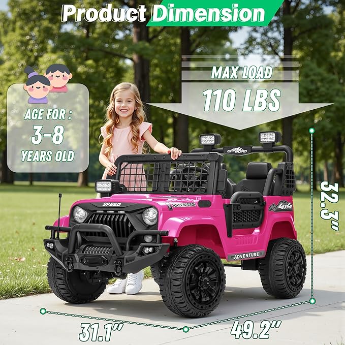 2 Seater Ride On Car Truck with Remote Control XL, Kids 24V Battery Powered Electric Vihicle w/21 in Seat, 3 Speeds, 2WD/4WD Switichable, Shock Absorbers,Bluetooth, Flower, Gift Choice