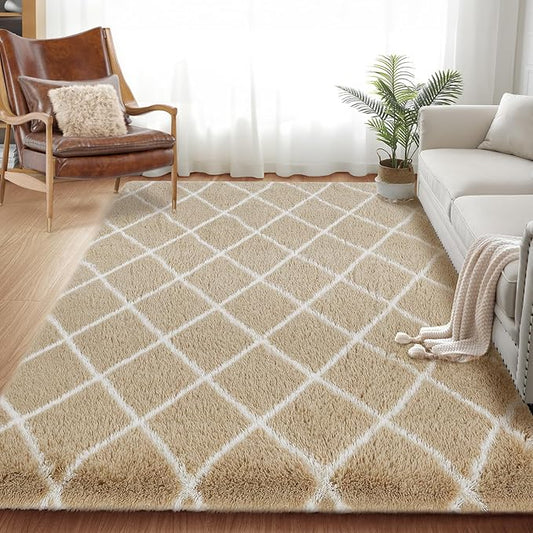 Fluffy Rug for Bedroom, Stripe Checkered Rug Anti-Skid High Pile for Living Room Bedroom Kids Room Nursery, Dorm Home Decor