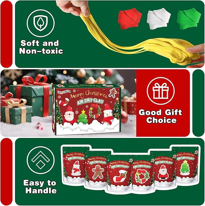 ifergoo Air Dry Clay for Kids - Christmas Modeling Clay Kit, 6 Christmas Molding Designs, Creative Sculpting Activity Kit with Tools & Tutorials, DIY Art Craft Gifts for Girls and Boys