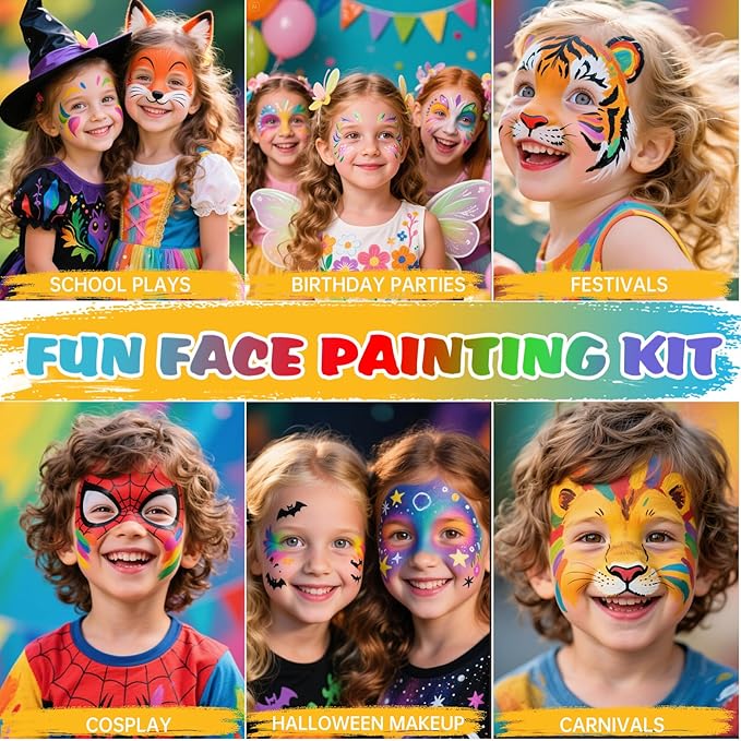 Face Painting Kit for Kids - 42 Colors Washable Face Paint Professional Face Paint Kit, with Brushes, Stencils, Palette, Gems, Crayon, Non-Toxic Body Makeup for Kids Halloween, Party, Birthday