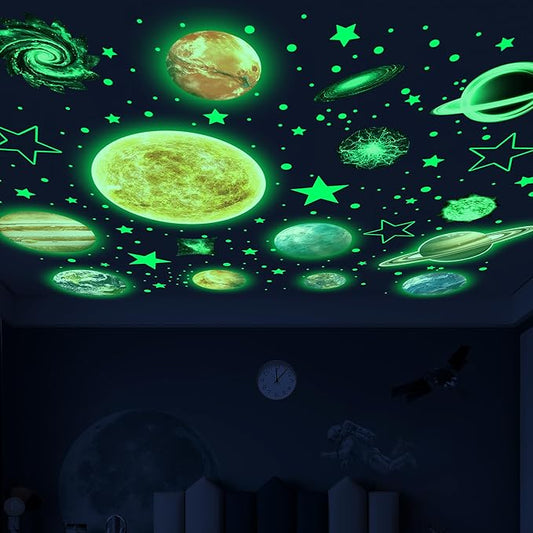 Glow in The Dark Stars and Planets for Ceiling, Glow Solar System Wall Stickers, Space Wall Decals for Kids Boys Room (Green)