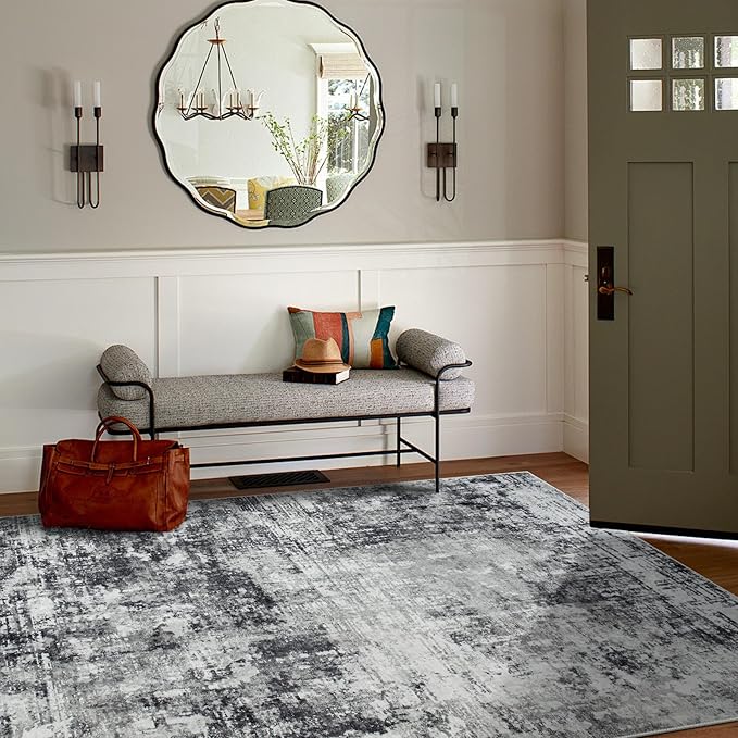 5x7 Area Rugs for Living Room Rug Washable: Modern Rug for Dining Room Bedroom Carpet Non Slip Low Pile 5 by 7 Indoor Abstract Nursery Home Office Black Grey