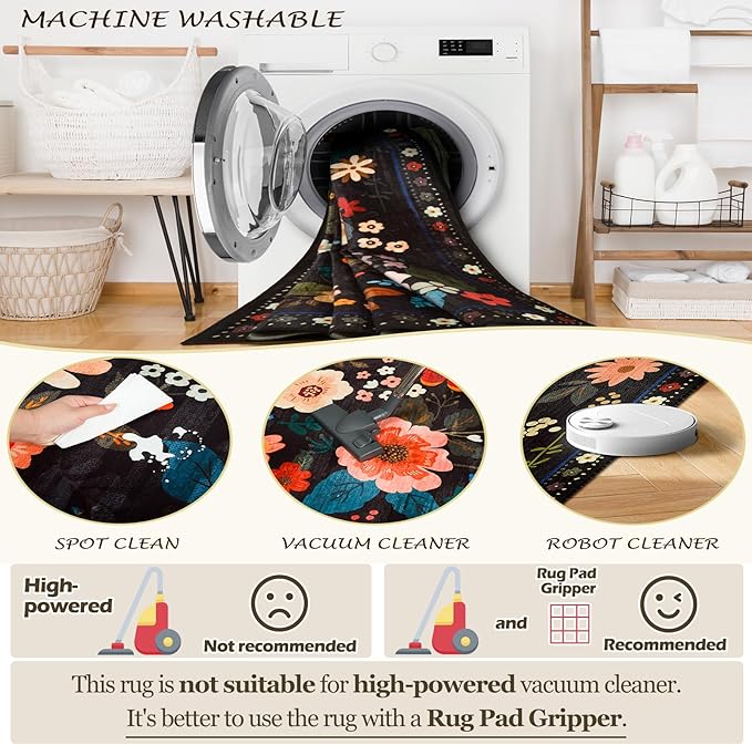 Floral 9x12 Area Rug Machine Washable Soft Print Boho Carpet Non Slip Doormat Low Pile Flower Area Rugs for Living Room Bedroom Nursery Kitchen Dining Room Indoor-Black