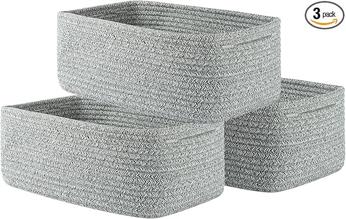 KALLAX Small Woven Basket, 13.5 x 9.5 x 5 Inches, Storage Basket for Organizing, Cute Small Rope Shelf Closet Cube Storage Bins Baskets for Shelves, Dog Toy Gift Baskets Empty, 3 Packs, Mixed Grey