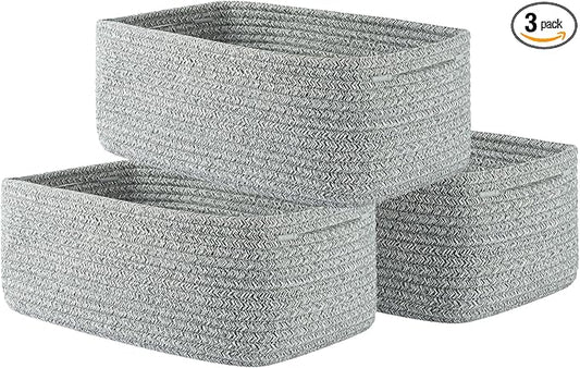 KALLAX Small Woven Basket, 13.5 x 9.5 x 5 Inches, Storage Basket for Organizing, Cute Small Rope Shelf Closet Cube Storage Bins Baskets for Shelves, Dog Toy Gift Baskets Empty, 3 Packs, Mixed Grey