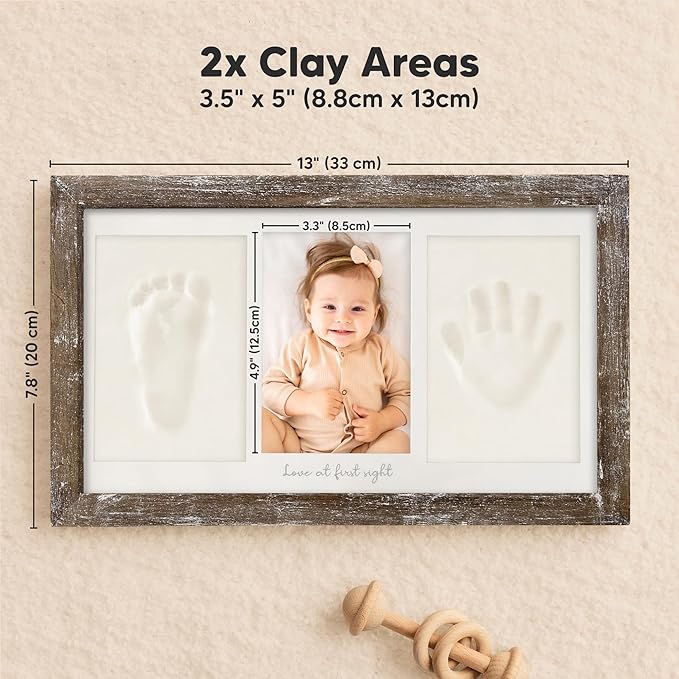Baby Hand and Footprint Kit - Clay Handprint Keepsake Frame, Newborn Nursery Picture Frame, Personalized New Mom Gifts for Baby Shower & Registry (Barnwood)