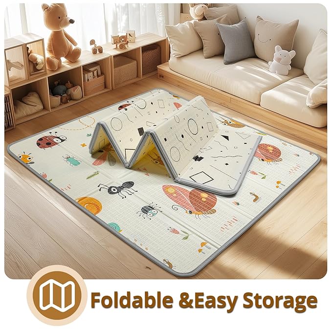 Foldable Baby Play Mat, PIGLOG Waterproof Playmats for Babies and Toddlers Kids, Safe Foam Playmat for Tummy Time, 50x50 Playpen Mat, Reversible Portable Baby Floor Mat for Infant, Toddler, Dragonfly