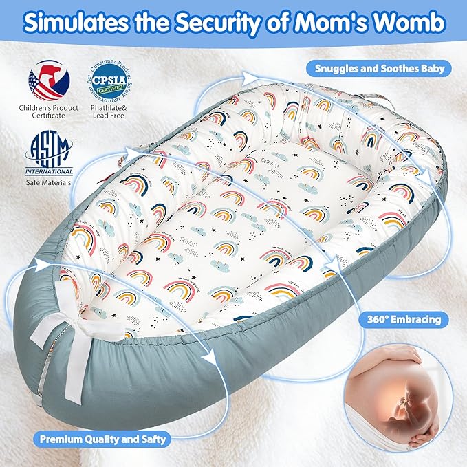 Baby Lounger - Baby Lounger for Newborn 0-24 Months, Breathable & Soft Baby Nest, Portable and Lightweight Lounger for Home and Travel, Ideal Newborn Babies Essentials (Blue-Rainbow)